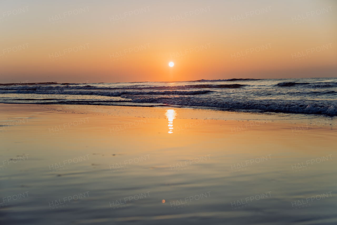 Landscape with sea sunset on a beach.