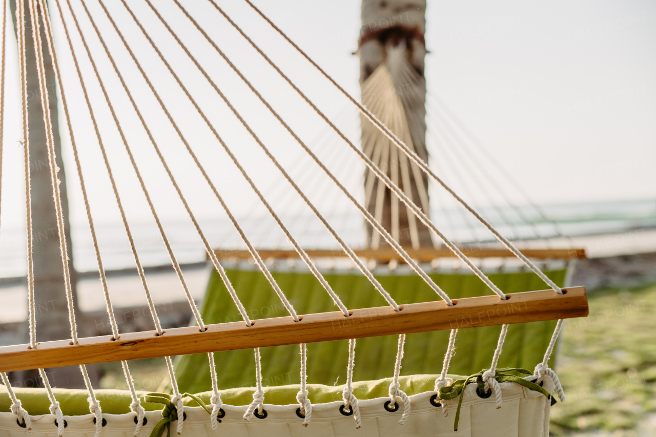 Close up of hammock hanging on palms, concept of summer exotic holiday.