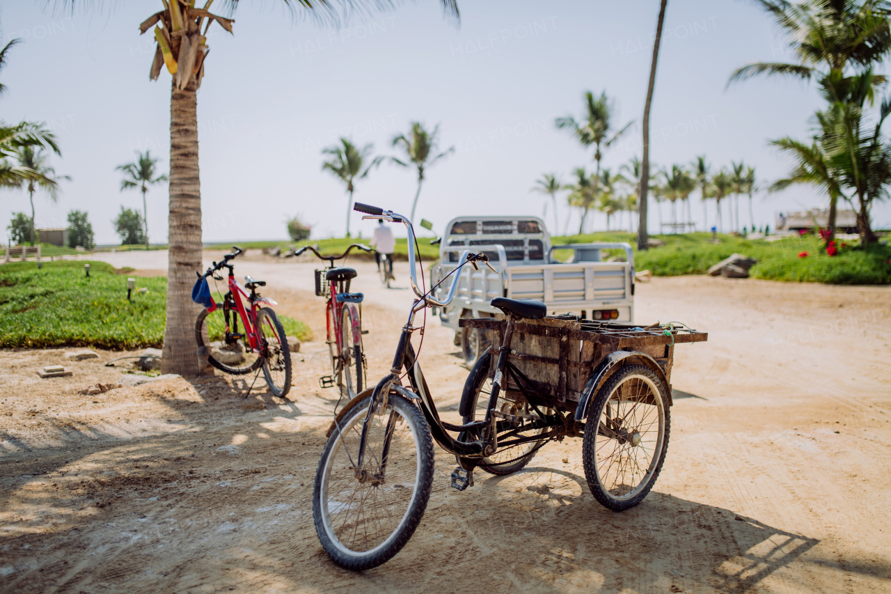 Close up of bicycles outdoor in exotic country.