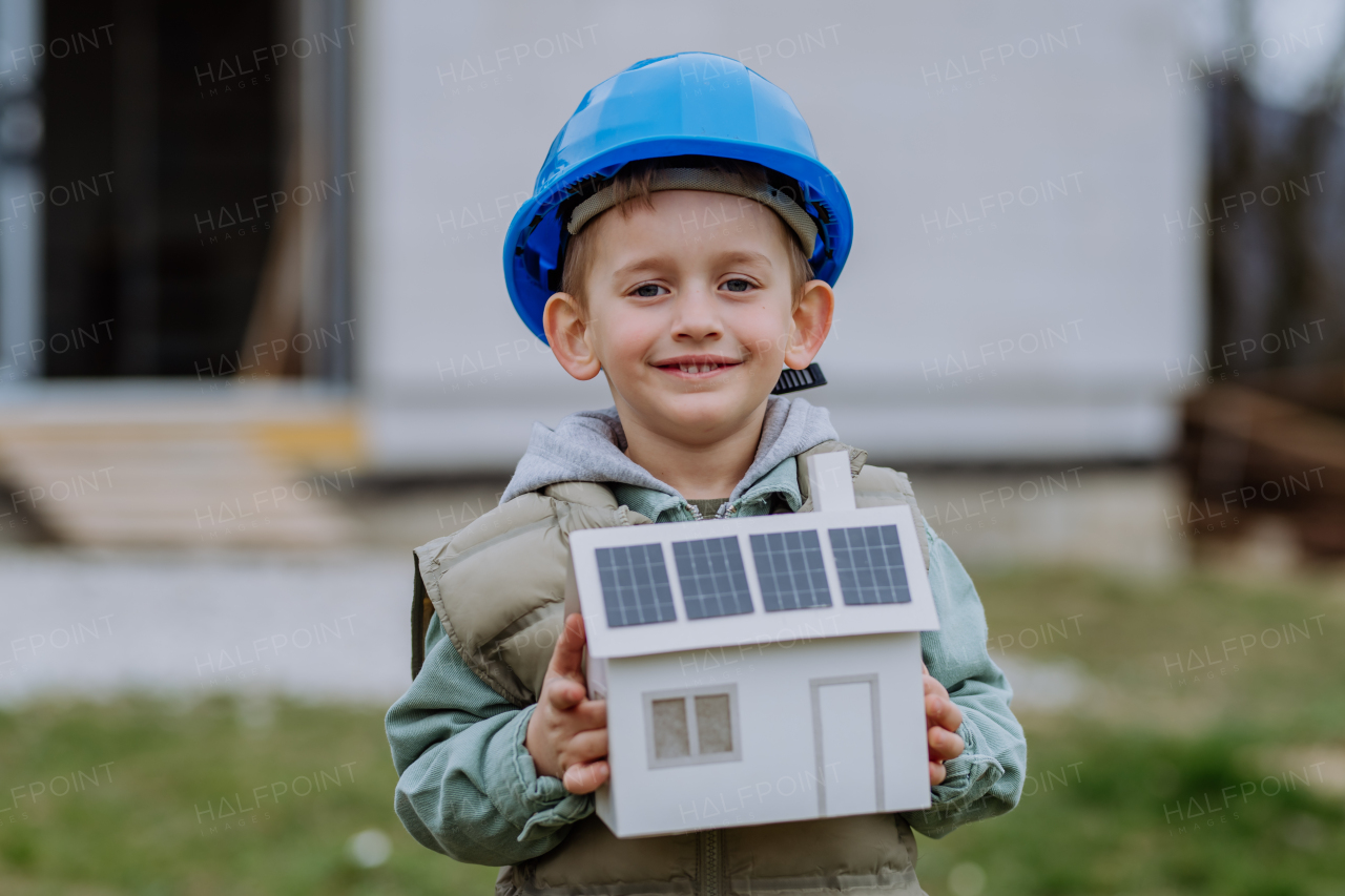 Portrait of little boy in front of their unfinished house holding a model of paper house with solar panels.