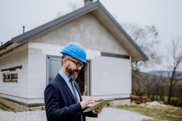 Mature businessman controlling blueprints from an unfinished house.