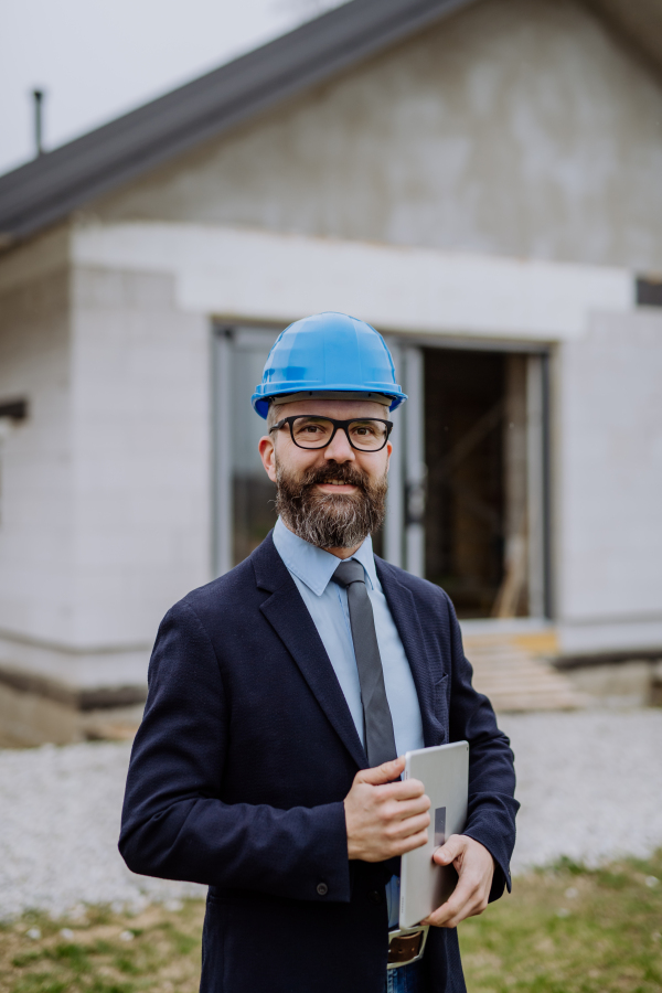 Mature businessman controlling blueprints from an unfinished house.