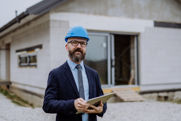 Mature businessman controlling blueprints from an unfinished house.