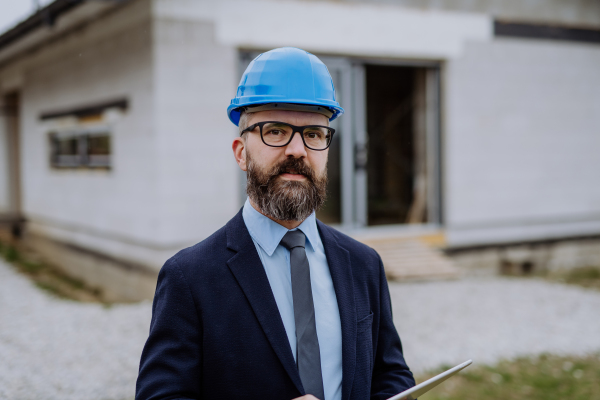 Portrait of businessman controlling blueprints from an unfinished house.