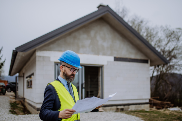 Mature businessman controlling blueprints from an unfinished house.