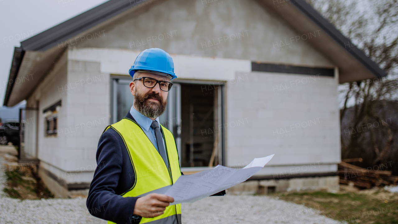 Mature businessman controlling blueprints from an unfinished house.