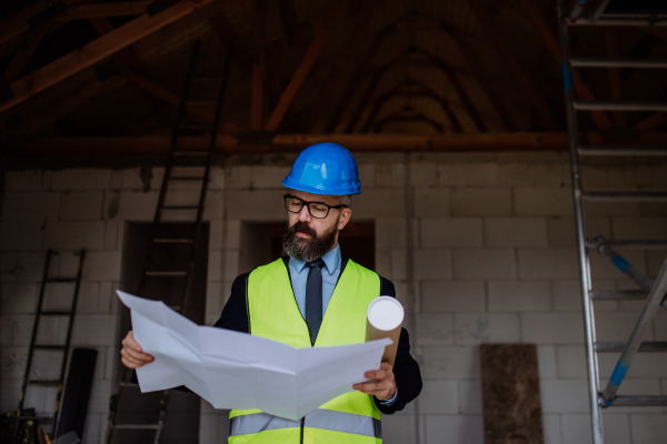 Mature businessman controlling blueprints from an unfinished house.