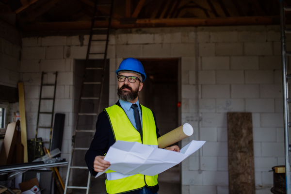 Mature businessman controlling blueprints from an unfinished house.