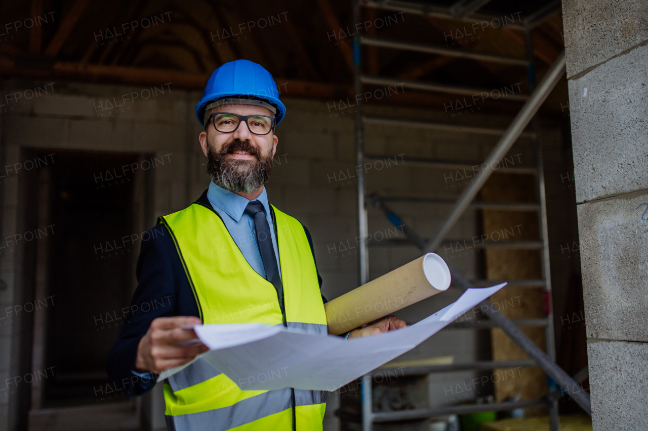 Mature businessman controlling blueprints from an unfinished house.