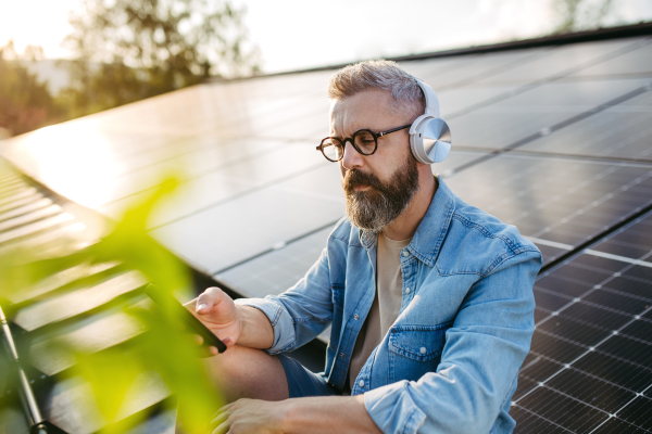 Handsome man sitting on roof full of solar panels, headphones on head, holding smartphone.