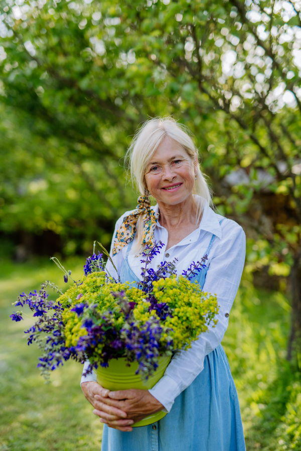 A happy senior woman florist carrying basket with flowers outdoors in garden.