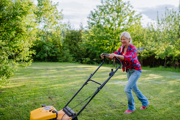 An ederly woman mowing grass with lawn mower in the garden, garden work concept.