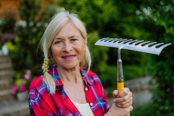 A portrait of senior woman gardening in summer, holding rake and looking at camera.