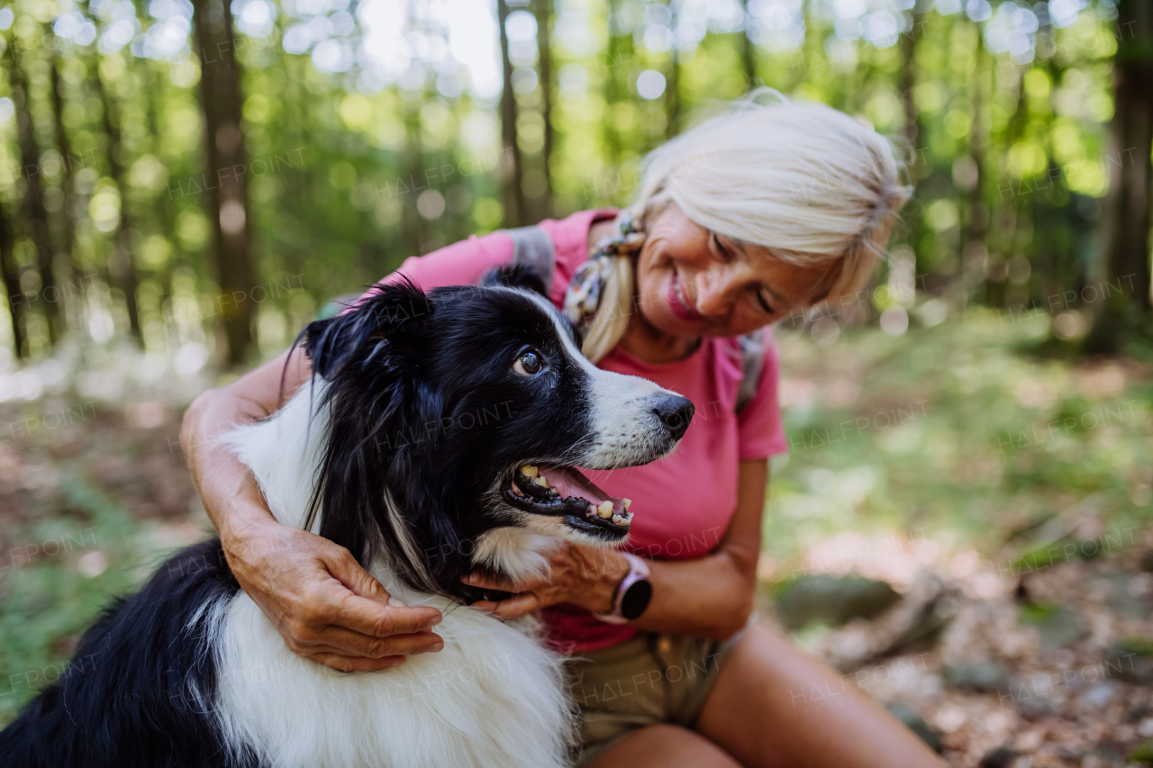 Senior woman resting and stroking her dog during walking in a forest.