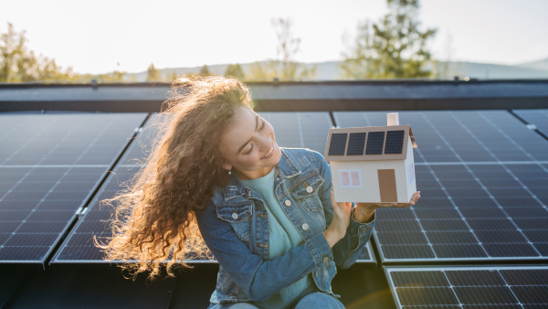 Portrait of young woman, owner on roof with solar panels,holding model of house with photovoltaics.