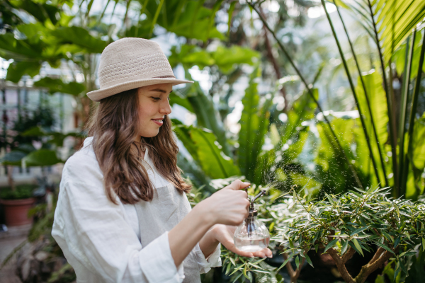 Portrait of beautiful female gardener taking care of plants in botanical garden. Botanist, horticulturist misting plants with spray bottle.