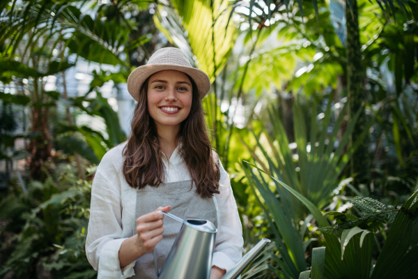 Portrait of young gardener taking care of plants in the greenhouse.