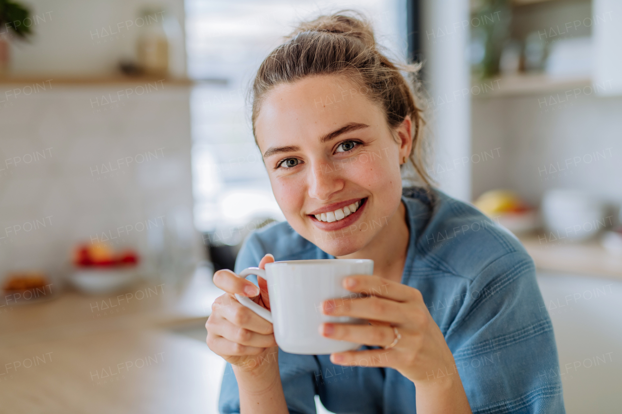 Young woman enjoying cup of coffee at morning, in a kitchen.