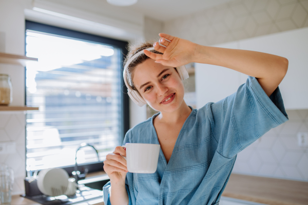 Young woman enjoying cup of coffee and listening music at morning, in a kitchen.