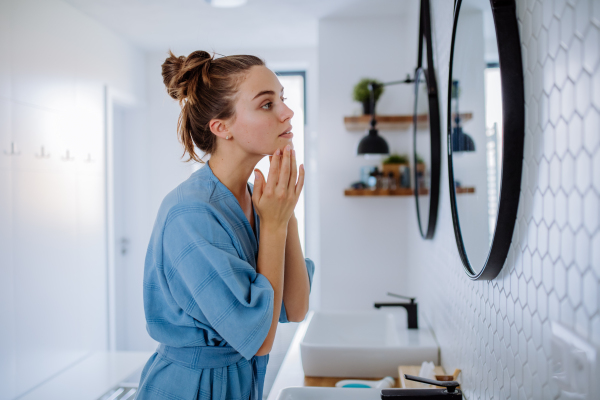 Young woman taking care of her face skin, morning beauty routine concept.