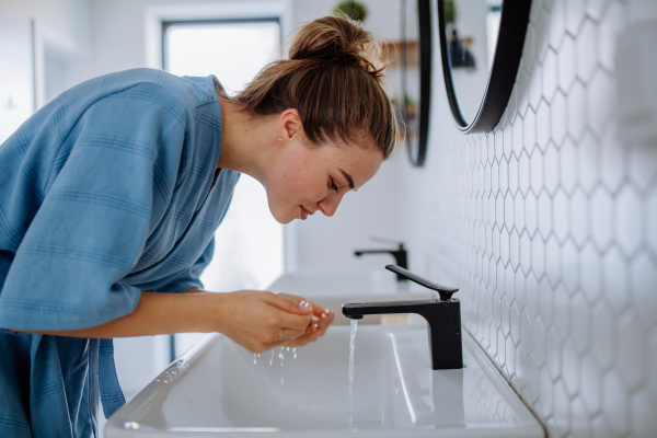 Young woman taking care of her face skin, morning beauty routine concept.