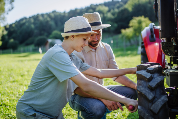 Farmer teaching son, how to fix wheel on tractor. Tractor maintenance. Harvesting crops, collecting vegetables on family farm. Concept of farming and agricultural business.