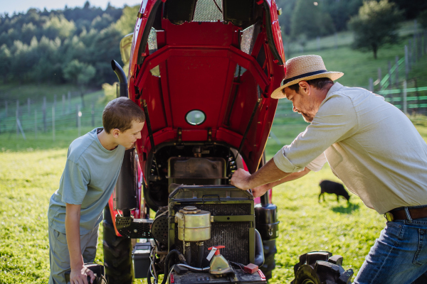 Farmer teaching son, how to fix tractor. Tractor maintenance. Harvesting crops, collecting vegetables on family farm. Concept of farming and agricultural business.