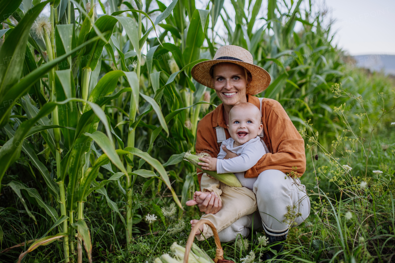 Portrait of female farmer with beautiful baby harvesting corn on the field. Cute baby holding fresh corn cob picked from the plant.