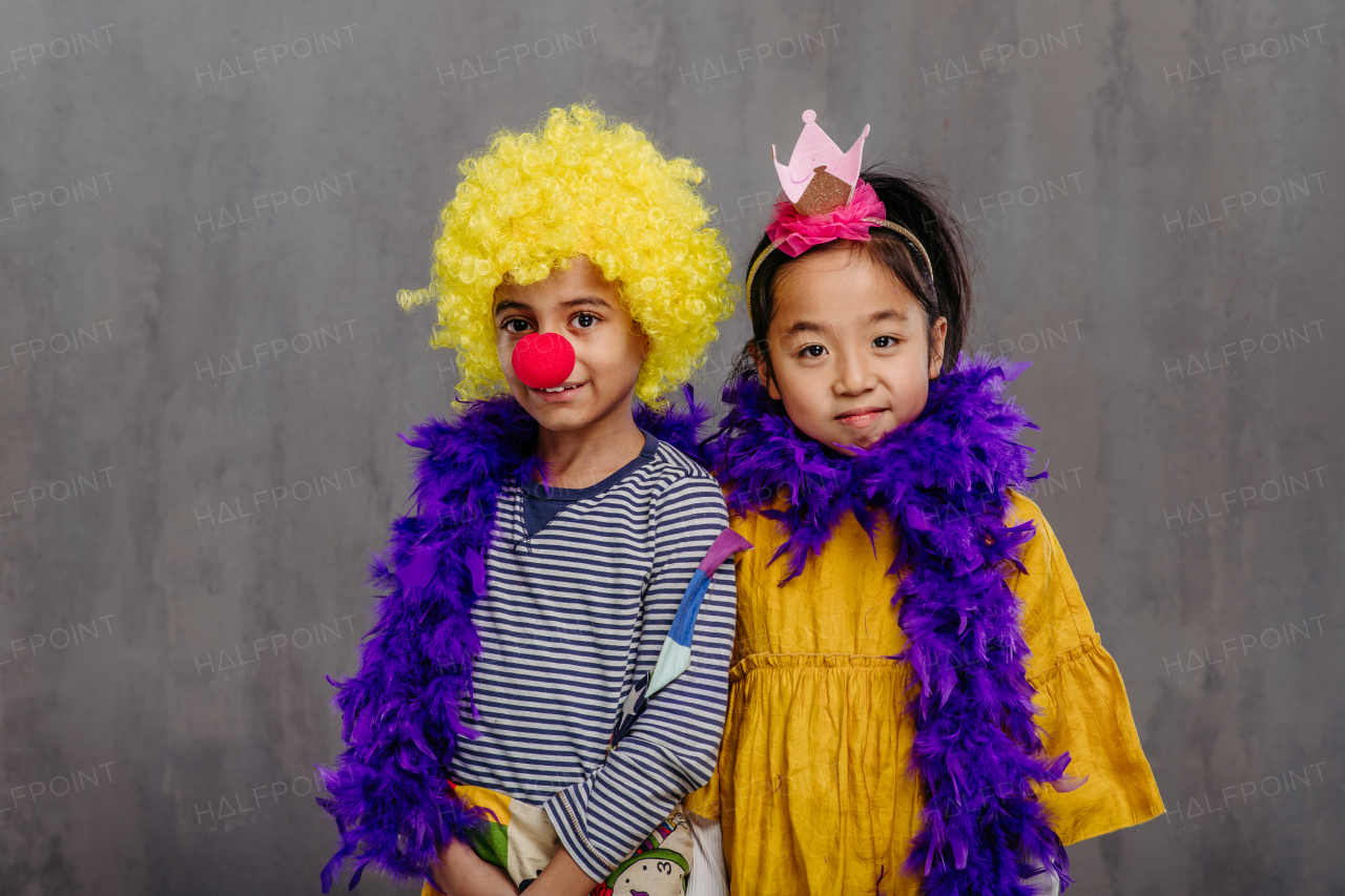 Portrait of two children in funny costumes.