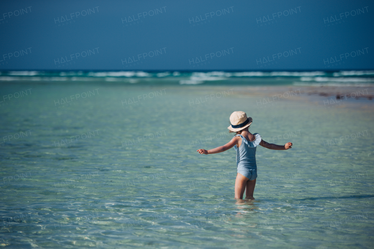 Rear view of a beautiful little girl standing in the water on the beach in a swimsuit and a straw hat. Full body shot of smilling girl in blue swimsuit, enjoying sandy beach and crystalline sea of Mnemba beach in Zanzibar, with copy space. Concept of beach summer vacation with kids.