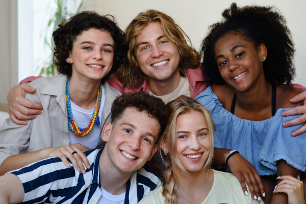 A portrait of diverse group of friends with mixed races having fun together indoors, Friendship and lifestyle concepts