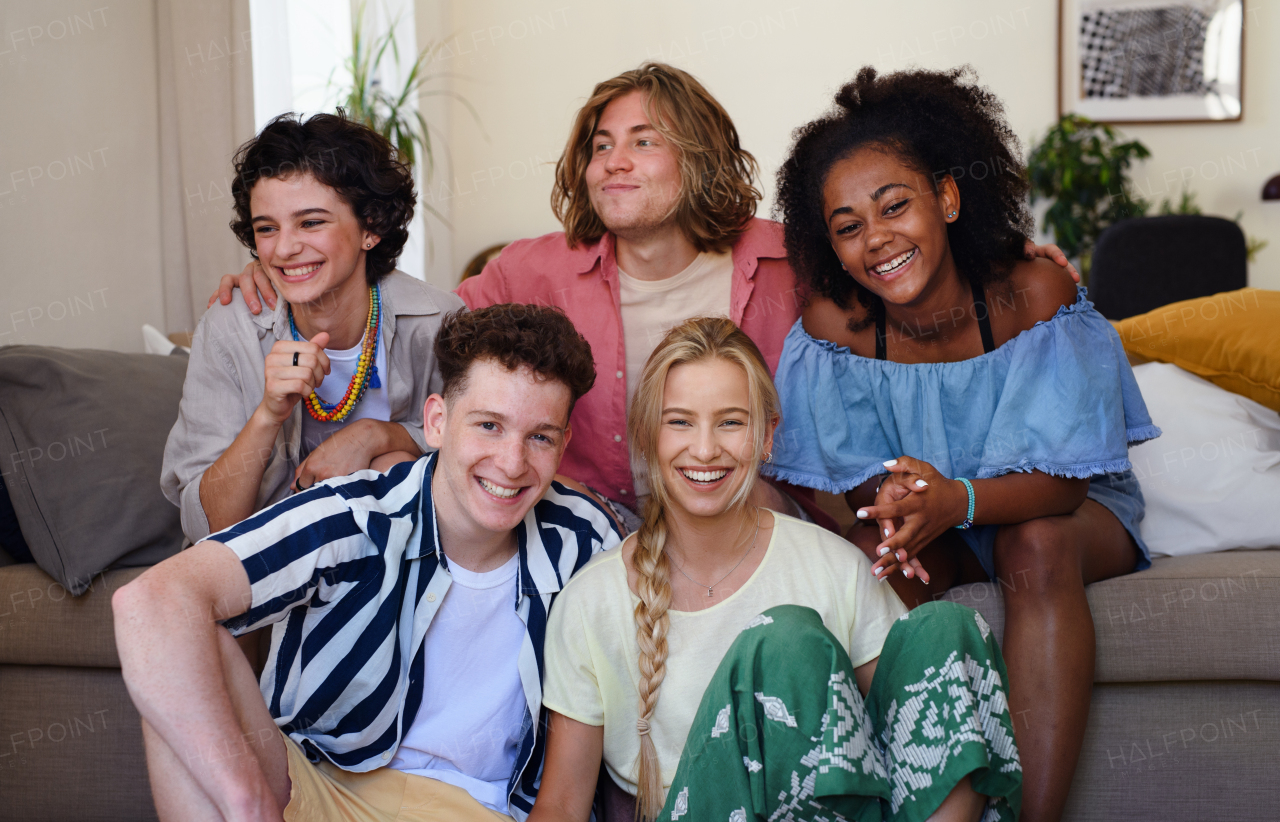 A portrait of diverse group of friends with mixed races having fun together indoors, Friendship and lifestyle concepts