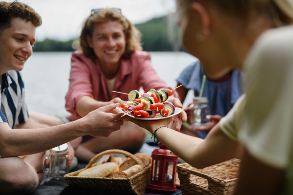 A group of young friends camping near lake and and having barbecue together. Close-up.