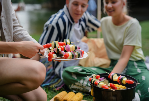 A group of multiracial young friends camping near lake and and having barbecue together. Close-up.