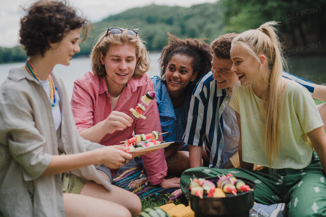 A group of multiracial young friends camping in campsite near lake and and having barbecue together.