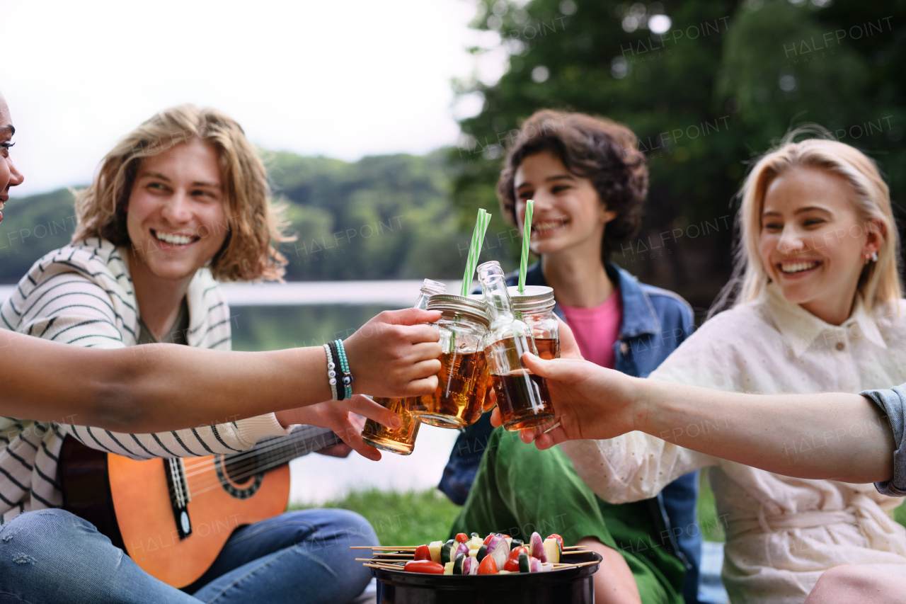 A group of multiracial young friends camping near lake, having barbecue and toasting with coctail drinks.