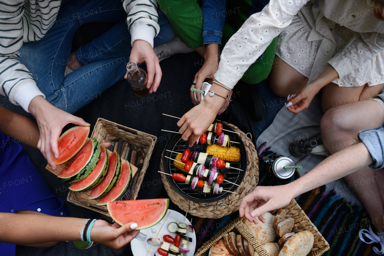 Close-up of young friends putting corn and skewers on grill and having barbecue when camping in campground.