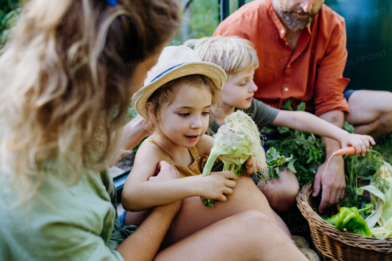 A farmer family with fresh harvest standing in a greenhouse