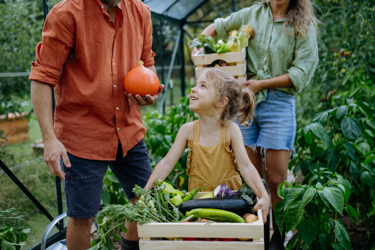 A farmer family with fresh harvest standing in a greenhouse