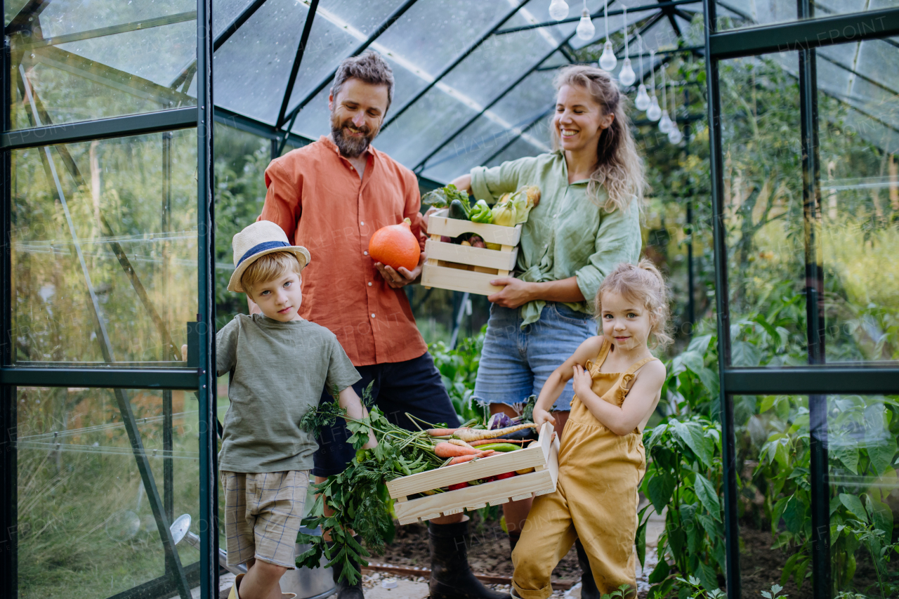 A farmer family with fresh harvest standing in a greenhouse