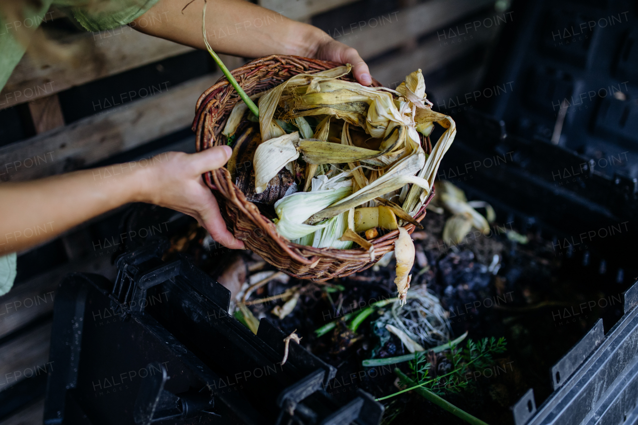 Woman putting organic waste in outdoor composter, farmer lifestyle. Close up.