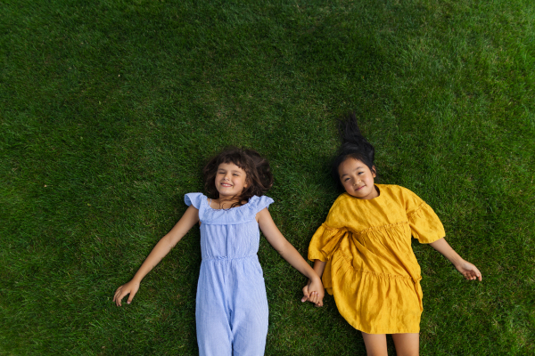 Happy four friends lying in the grass, holding each other hands and having fun. Top view.