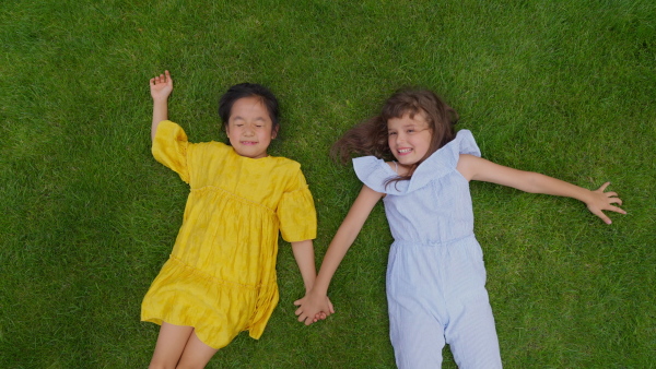 Happy four friends lying in the grass, holding each other hands and having fun. Top view.