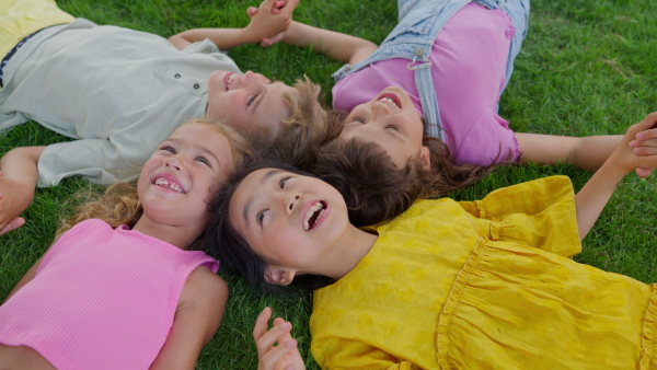 Happy four friends lying in the grass, holding each other hands and having fun. Top view.