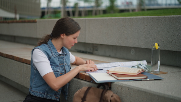 A video of focused beautiful student in front of university building or campus, studying outdoors, reading textbook, preparing for final exam.