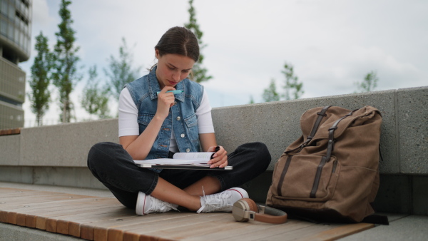 An university student sitting on ground in park, at campus and reading textbook. Studying before exam.