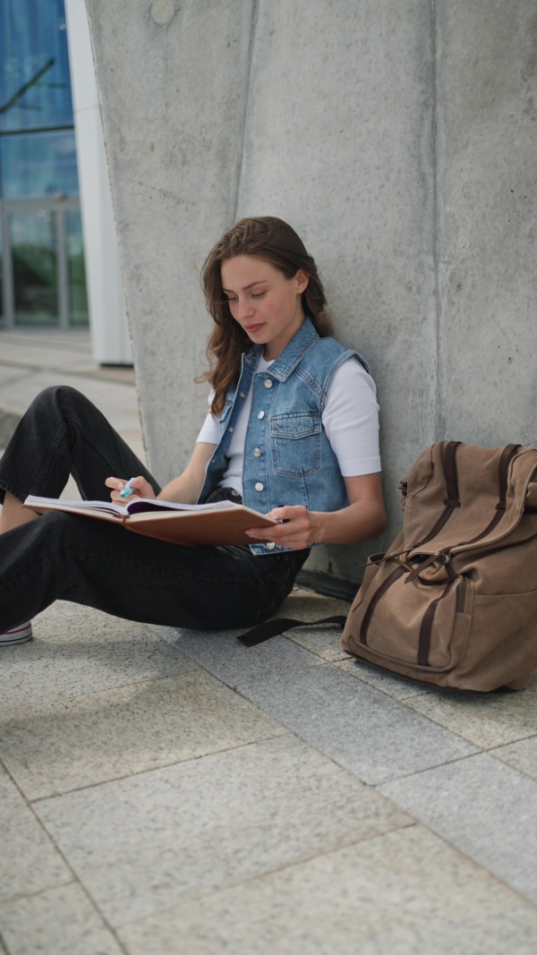 An university student sitting on ground in park, at campus and reading textbook. Studying before exam.