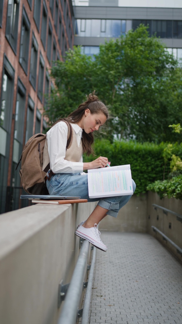 An university student sitting in front of university building. Studying before exam or heading to lecture, study group.