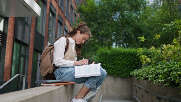 An university student sitting in front of university building. Studying before exam or heading to lecture, study group.