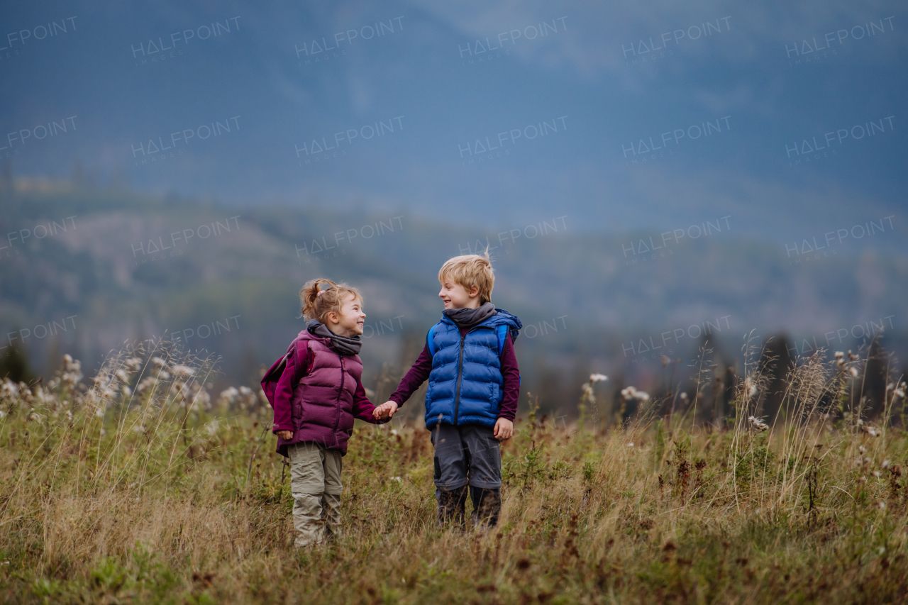 Little children holding each other hands and running at an autumn meadow.